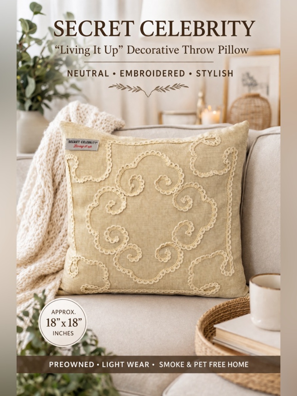 Secret Celebrity Living It Up Beige Decorative Throw Pillow Embroidered Accent